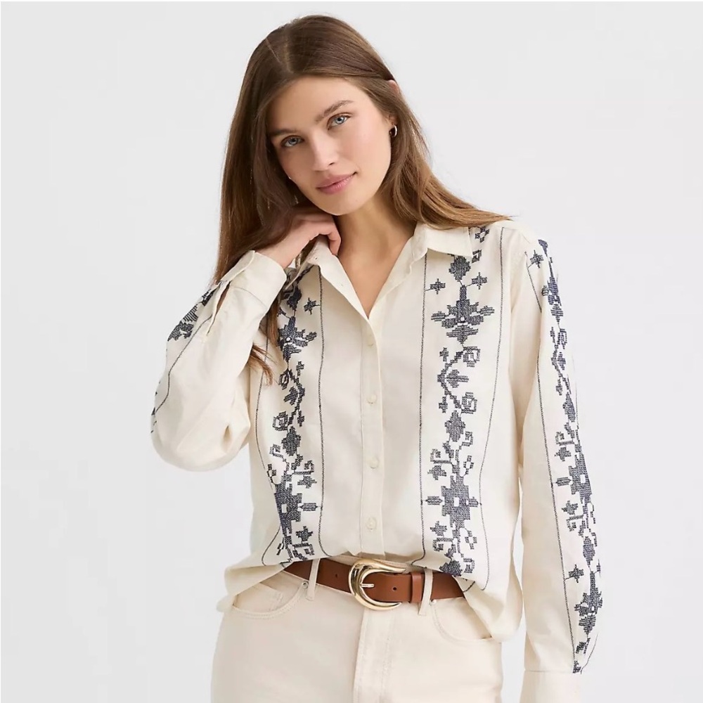 LOFT Cream Button-Down Shirt with Navy Embroidery - Picture 2 of 7